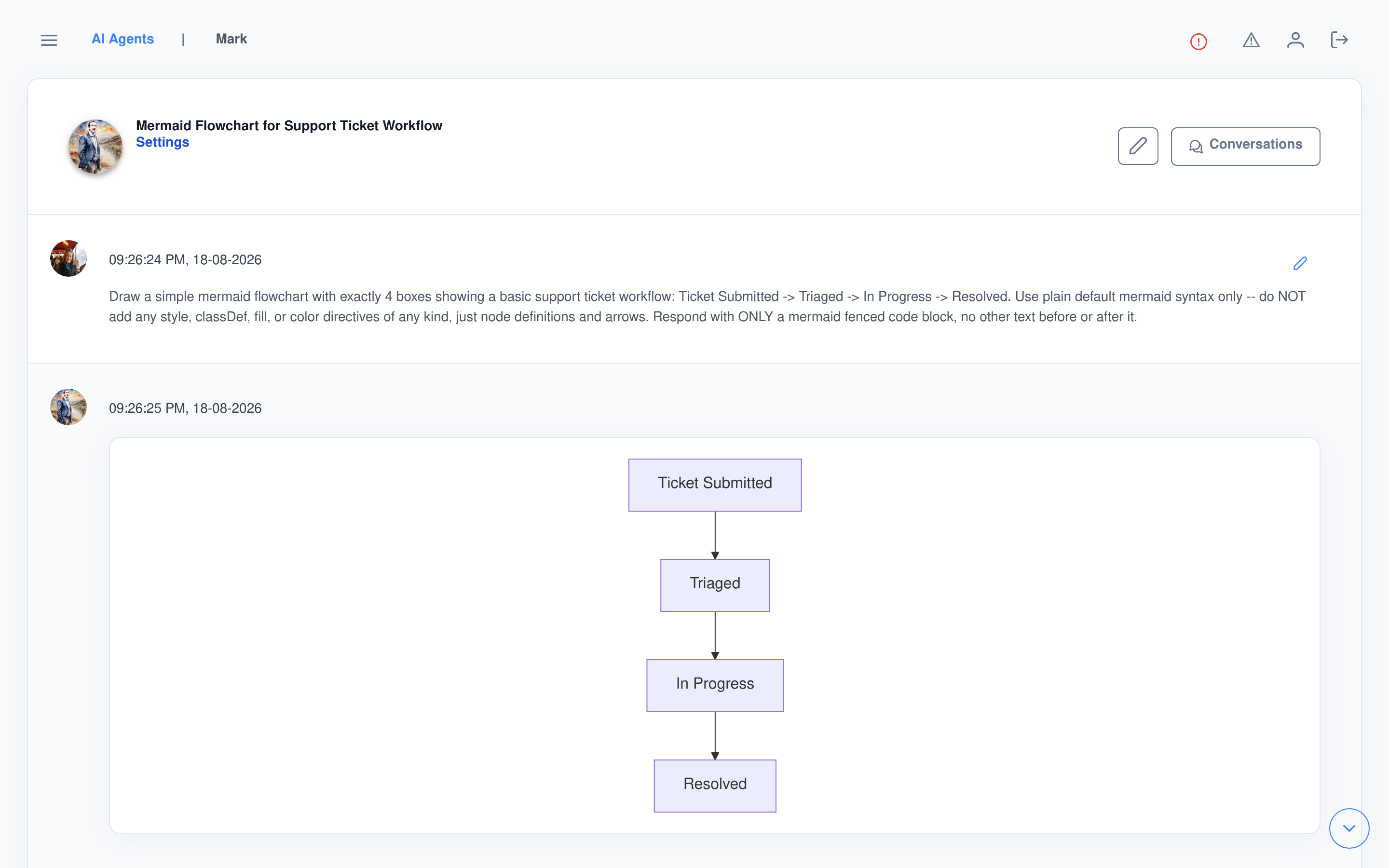 A real Mermaid flowchart rendered live in a chat reply: Ticket Submitted, Triaged, In Progress, Resolved