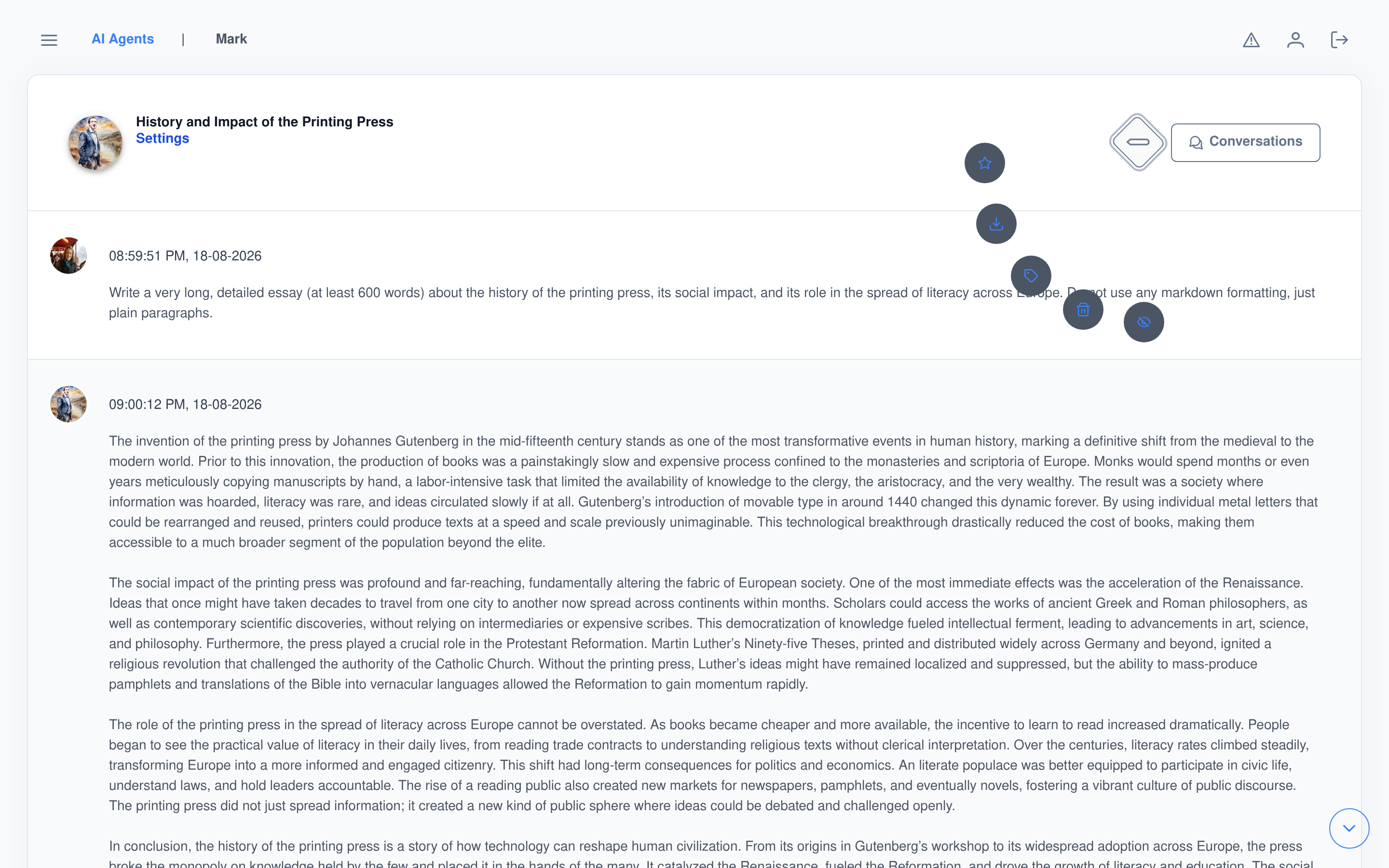 The conversation speed dial expanded: favorite, download, tag, delete, archive