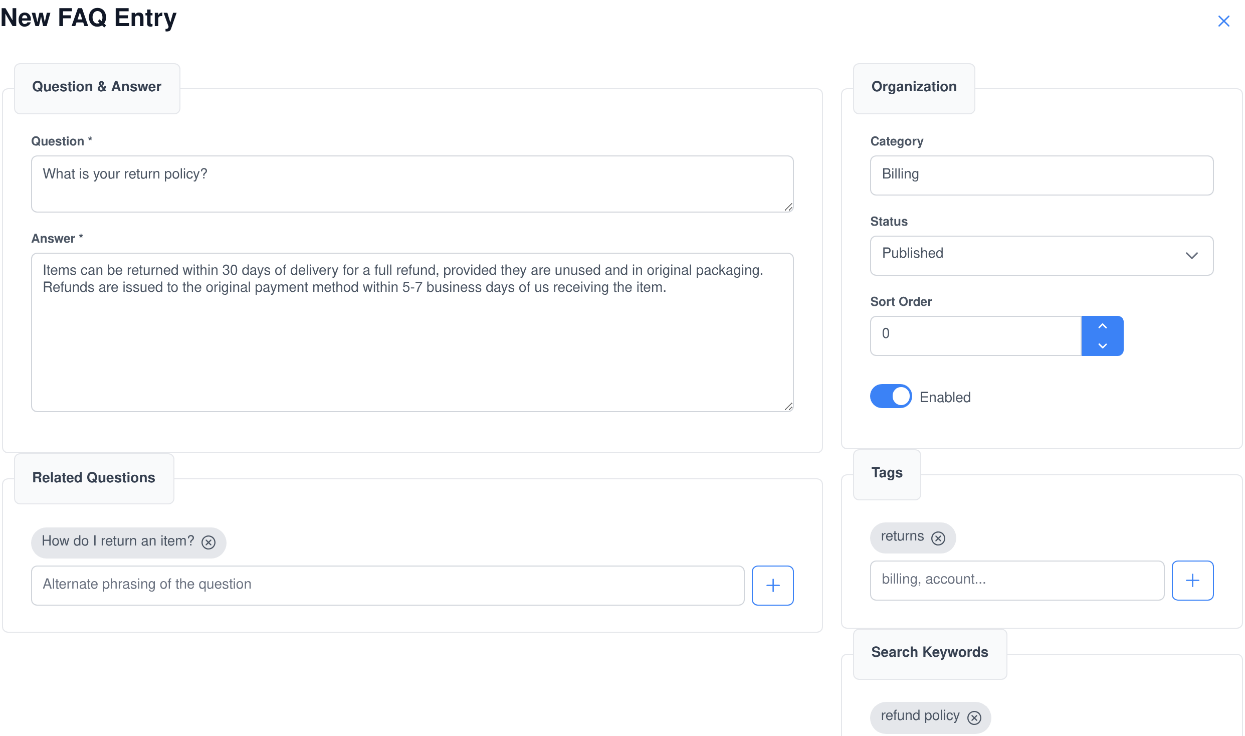 Assistant Cortex FAQ Manager entry form with Question and Answer fields, related questions as removable chips, and an Organization panel for category, status, sort order and an enabled toggle, plus Tags and Search Keywords chip fields