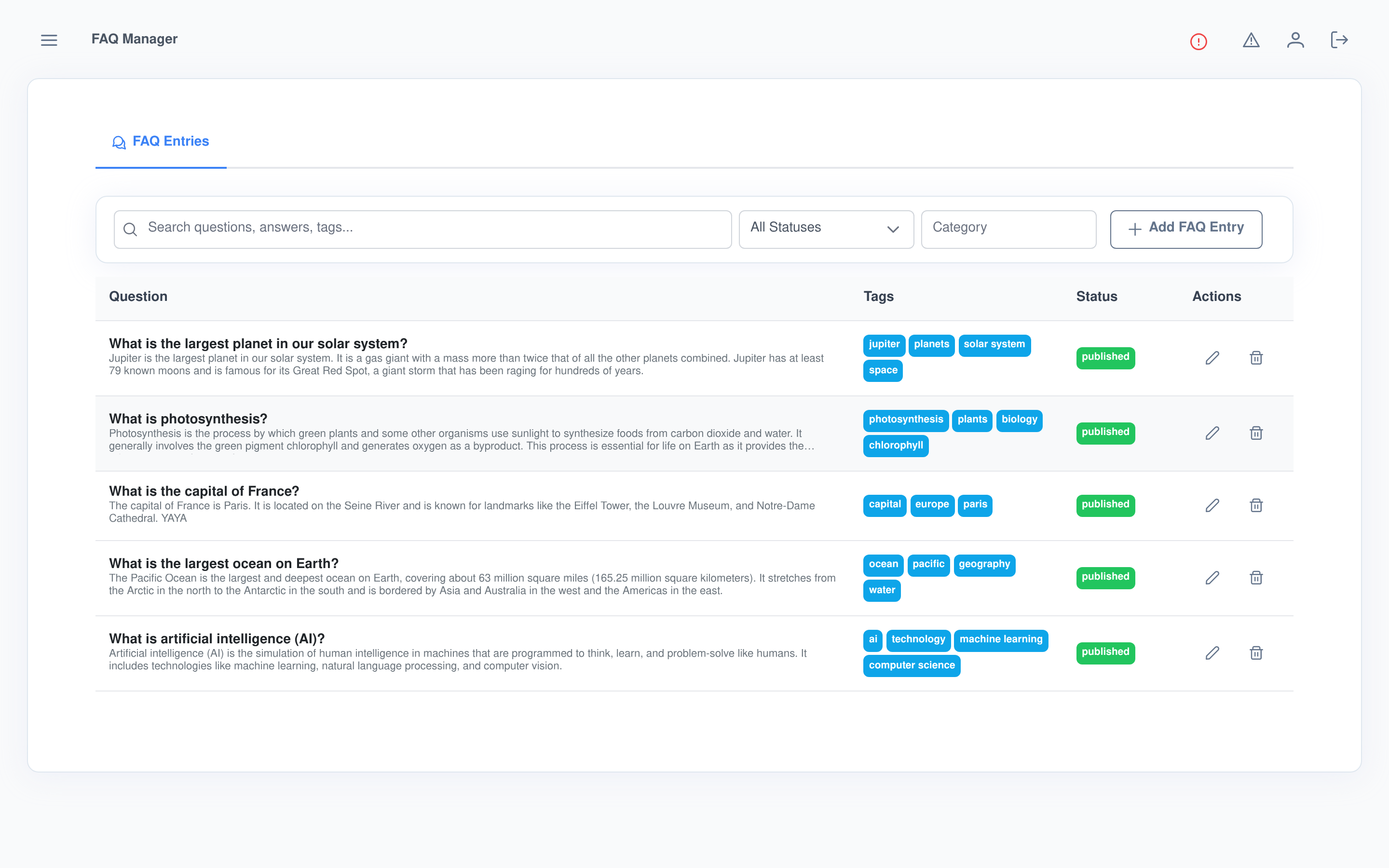 Assistant Cortex FAQ Manager list screen with a search box, status and category filters, and a table of FAQ entries showing question, answer preview, tags and a published status badge