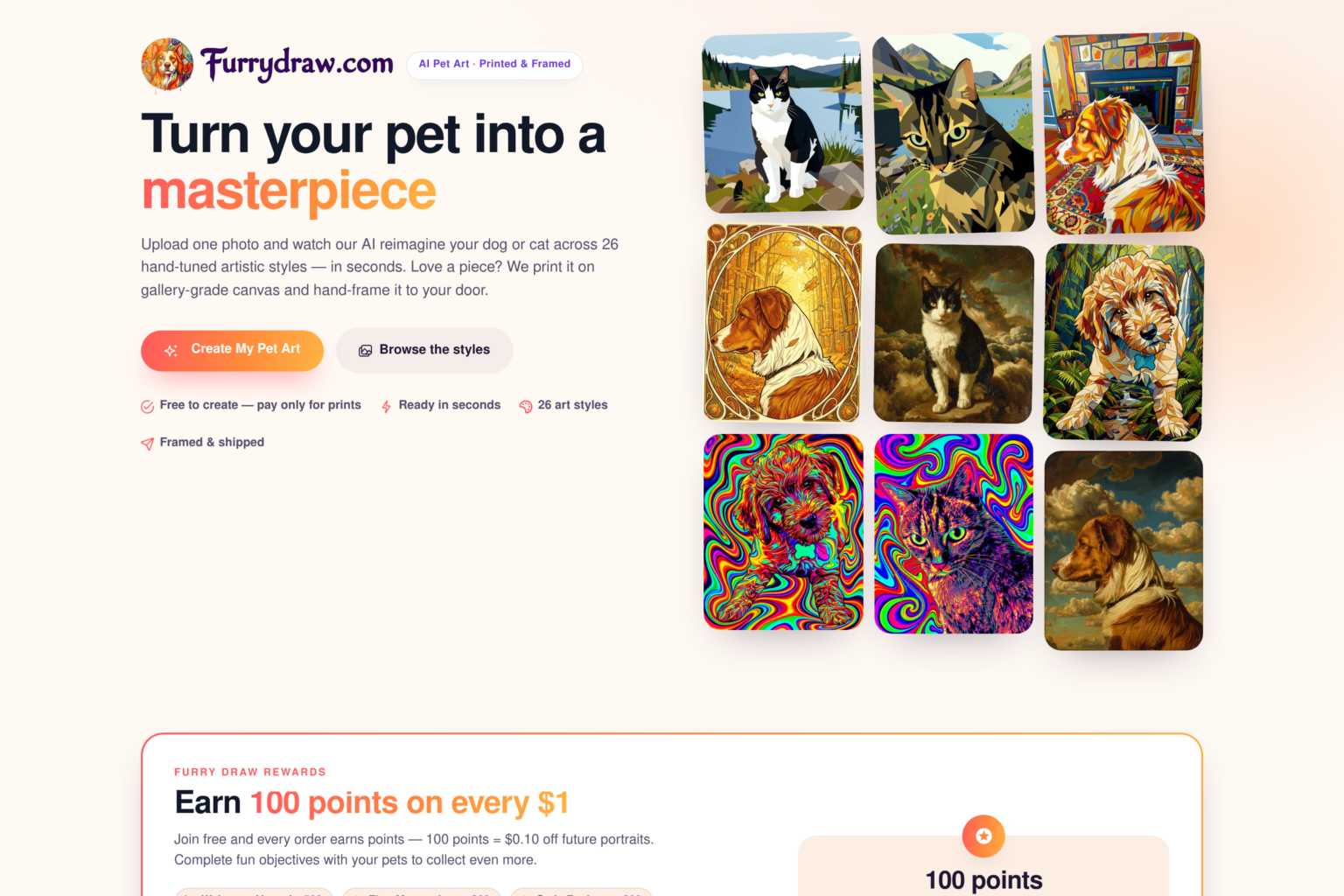 FurryDraw.com — AI pet portrait storefront built on Assistant Cortex