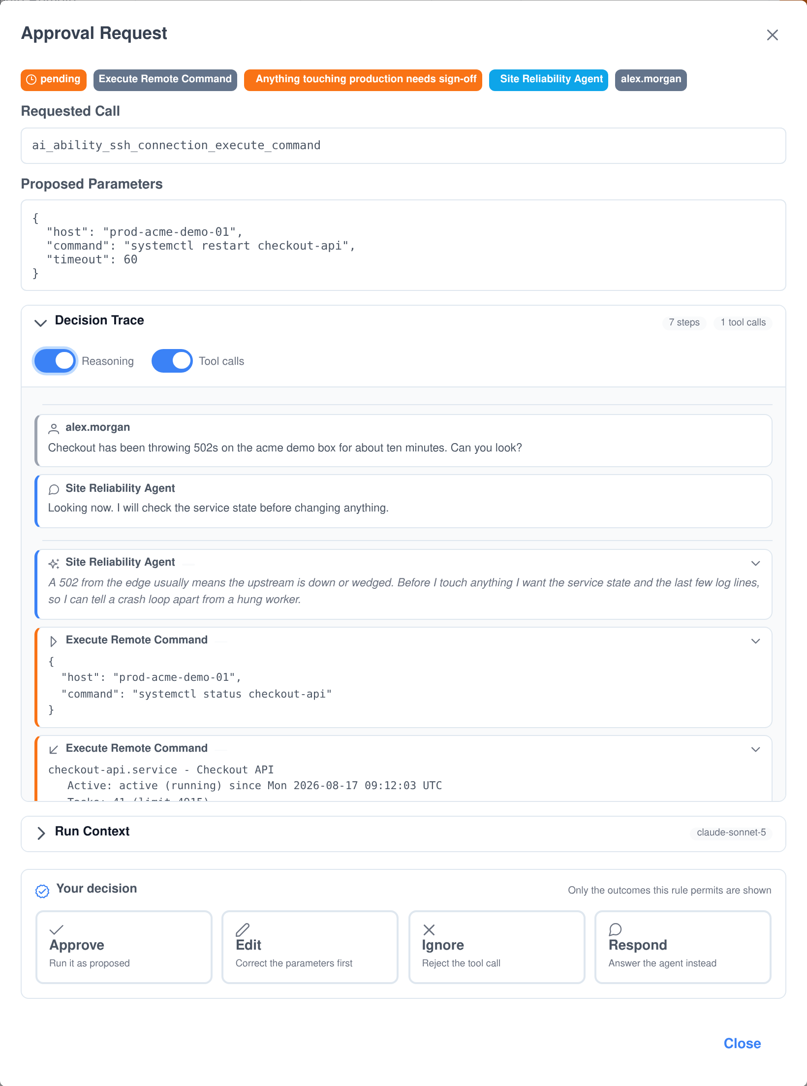 An Assistant Cortex approval request showing the requested call, its proposed JSON parameters, a decision trace of the user's question, the agent's reasoning, the tool it already called and the response it received, the run context, and the four decision options
