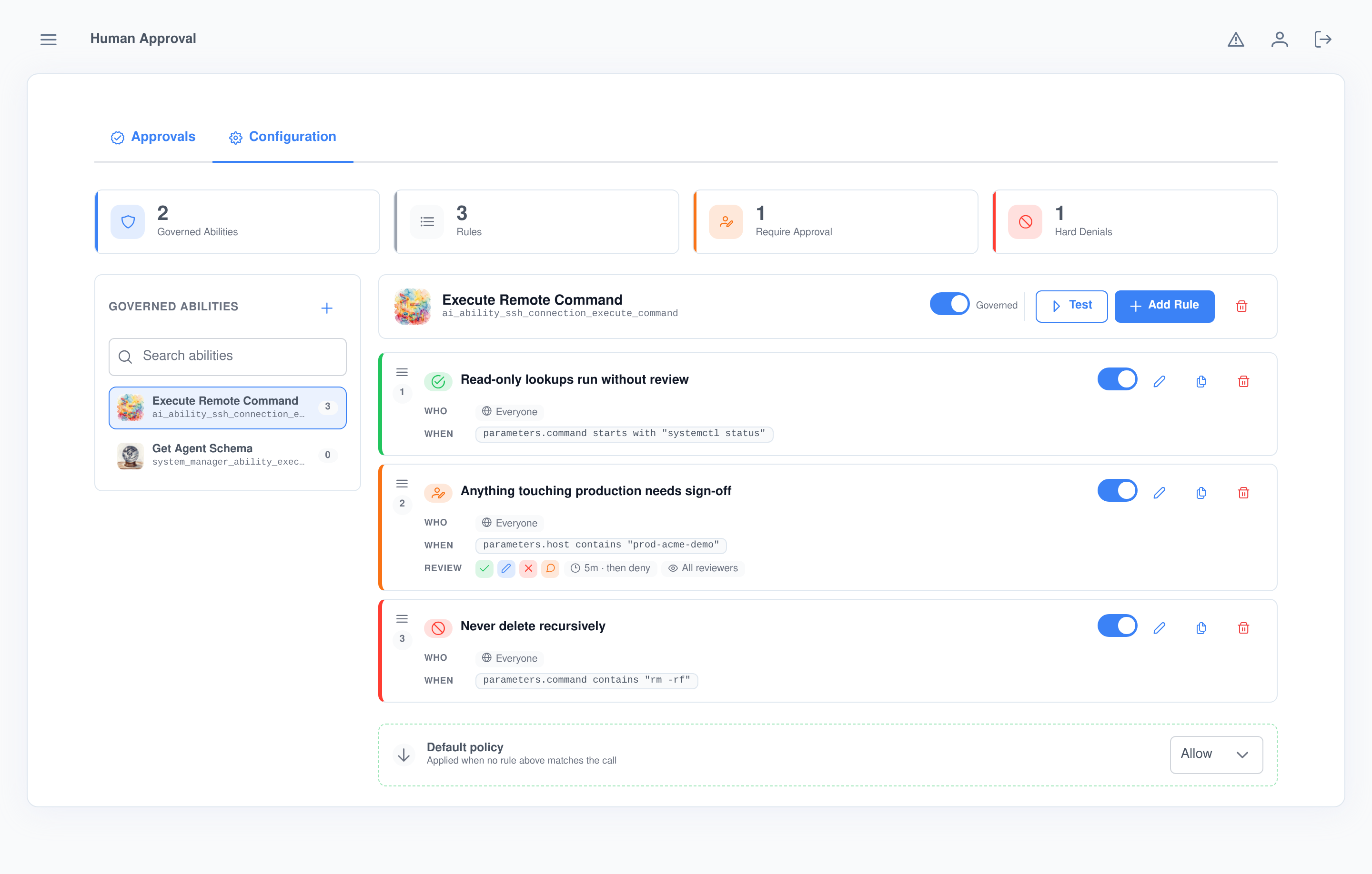 The Assistant Cortex approval rule chain for a remote command ability: an allow rule for read-only lookups, a require-approval rule for anything touching production showing its permitted outcomes and timeout, a deny rule for recursive deletes, and the default policy underneath