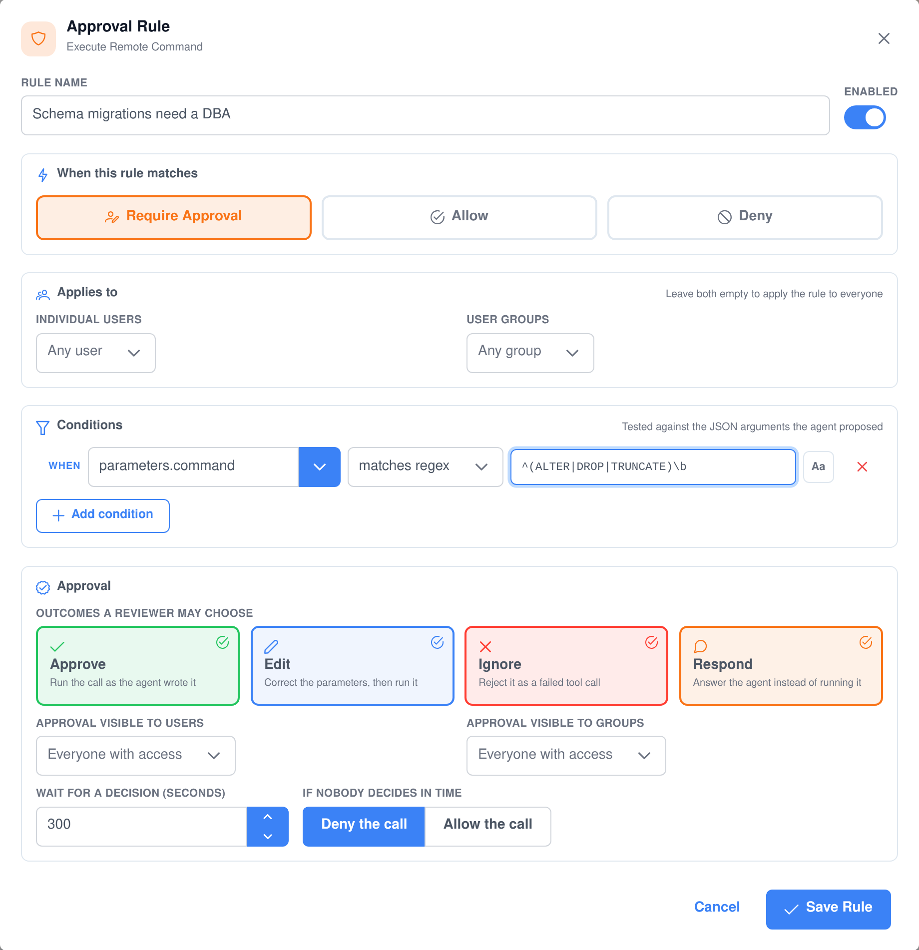The Assistant Cortex approval rule editor with a rule name, a choice of require approval, allow or deny, the users and groups it applies to, a condition matching a command against a regular expression, the four reviewer outcomes, who the approval is visible to, and how long to wait before denying or allowing