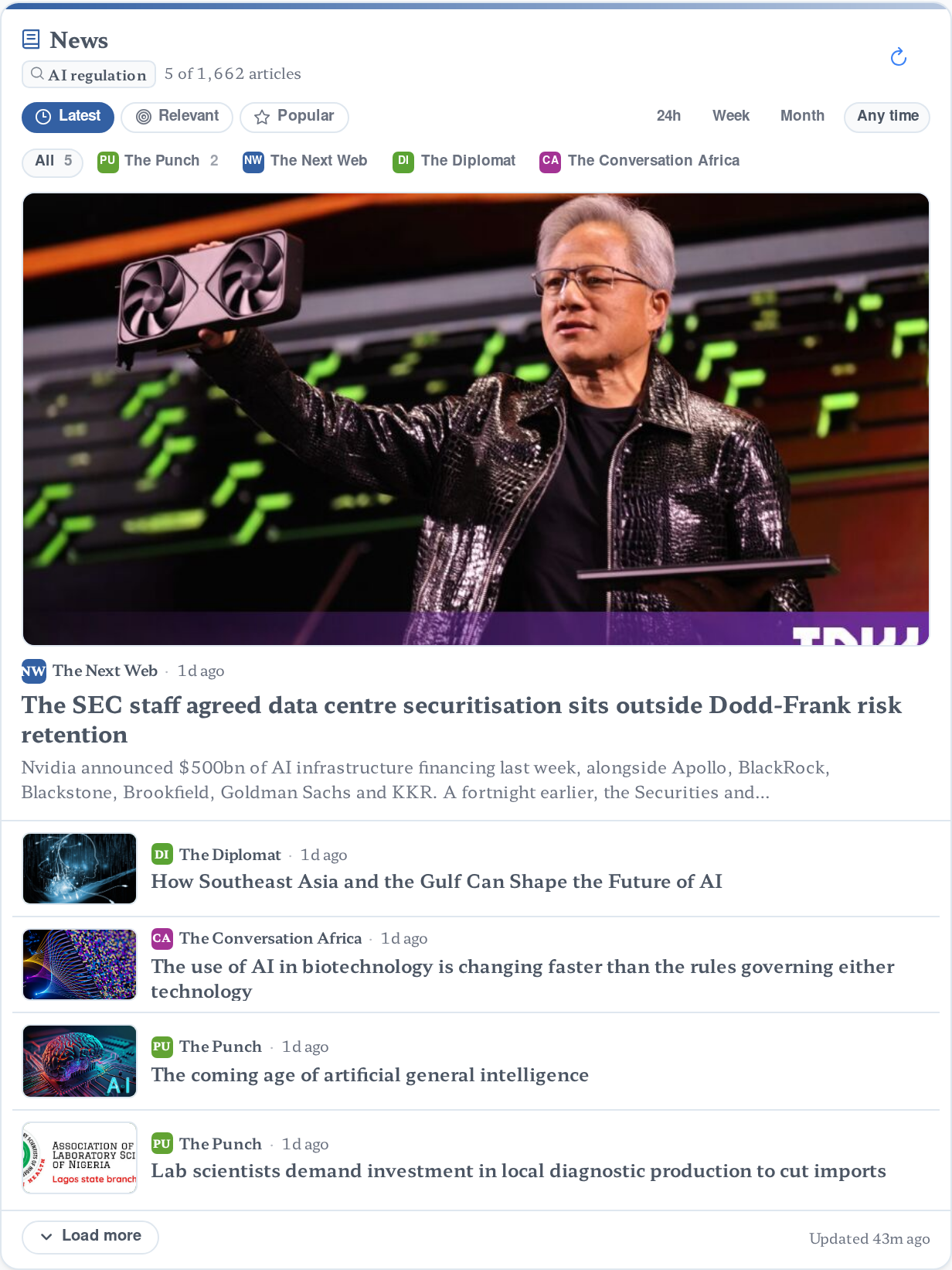 A live News Search card: filters, a lead story with image, four more headlines, and Load more