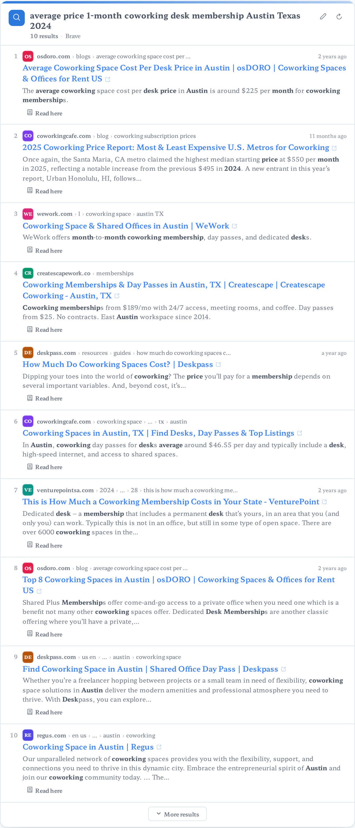 A live Web Search card: ten numbered results with domain, snippet and a direct link each