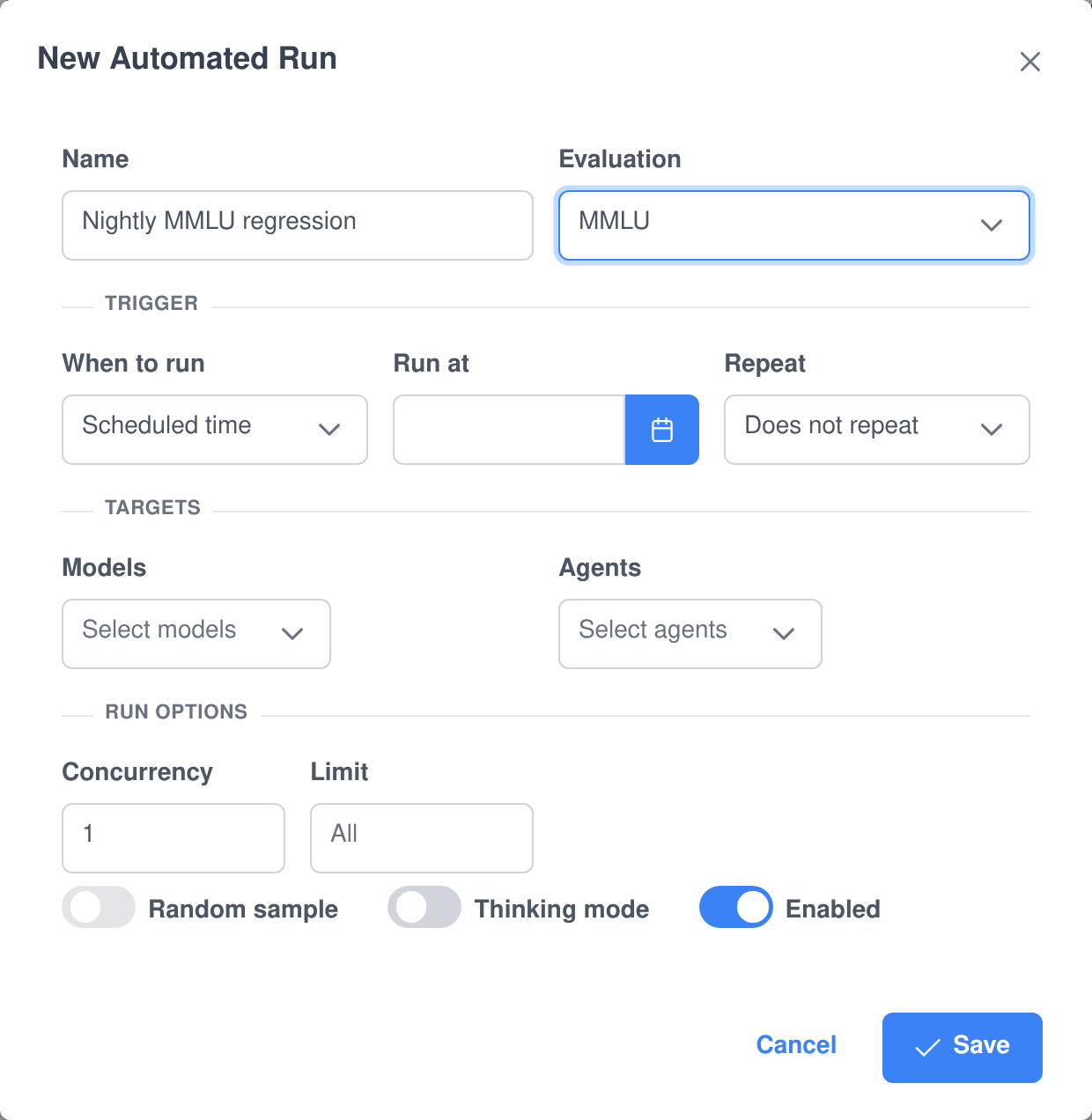 The New Automated Run dialog with a name, an evaluation, a scheduled-time trigger, model and agent targets and run options
