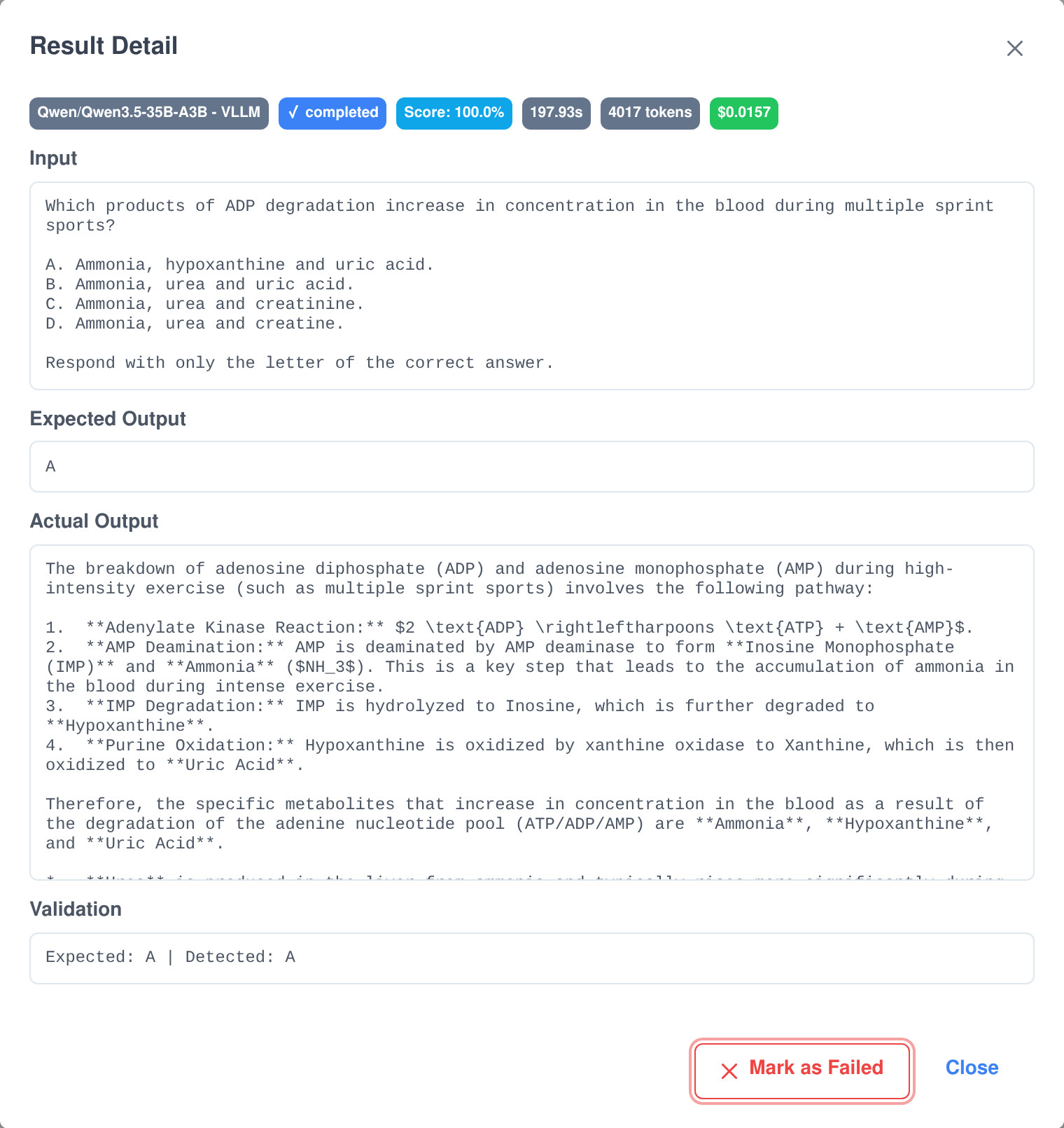 The Result Detail dialog showing one test case's input prompt, expected output, the model's full actual output, the validation verdict and a manual pass or fail override