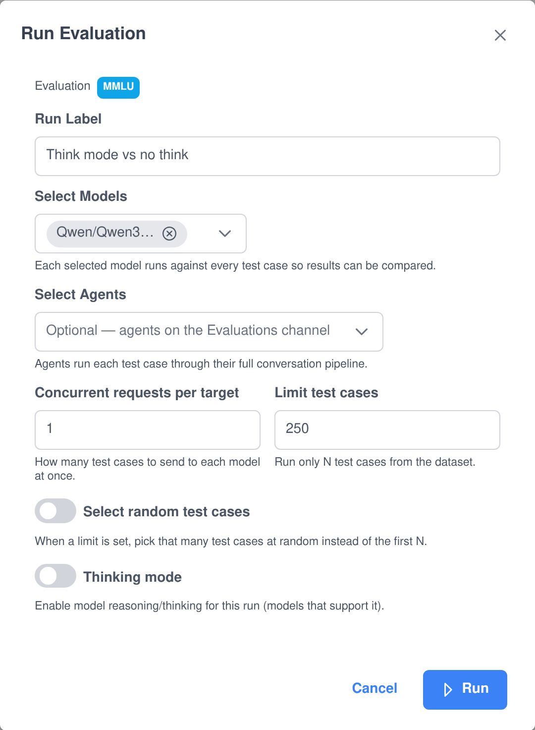 The Run Evaluation dialog: a run label, a model multi-select, an agent multi-select, concurrency, a test-case limit, random sampling and a thinking-mode switch