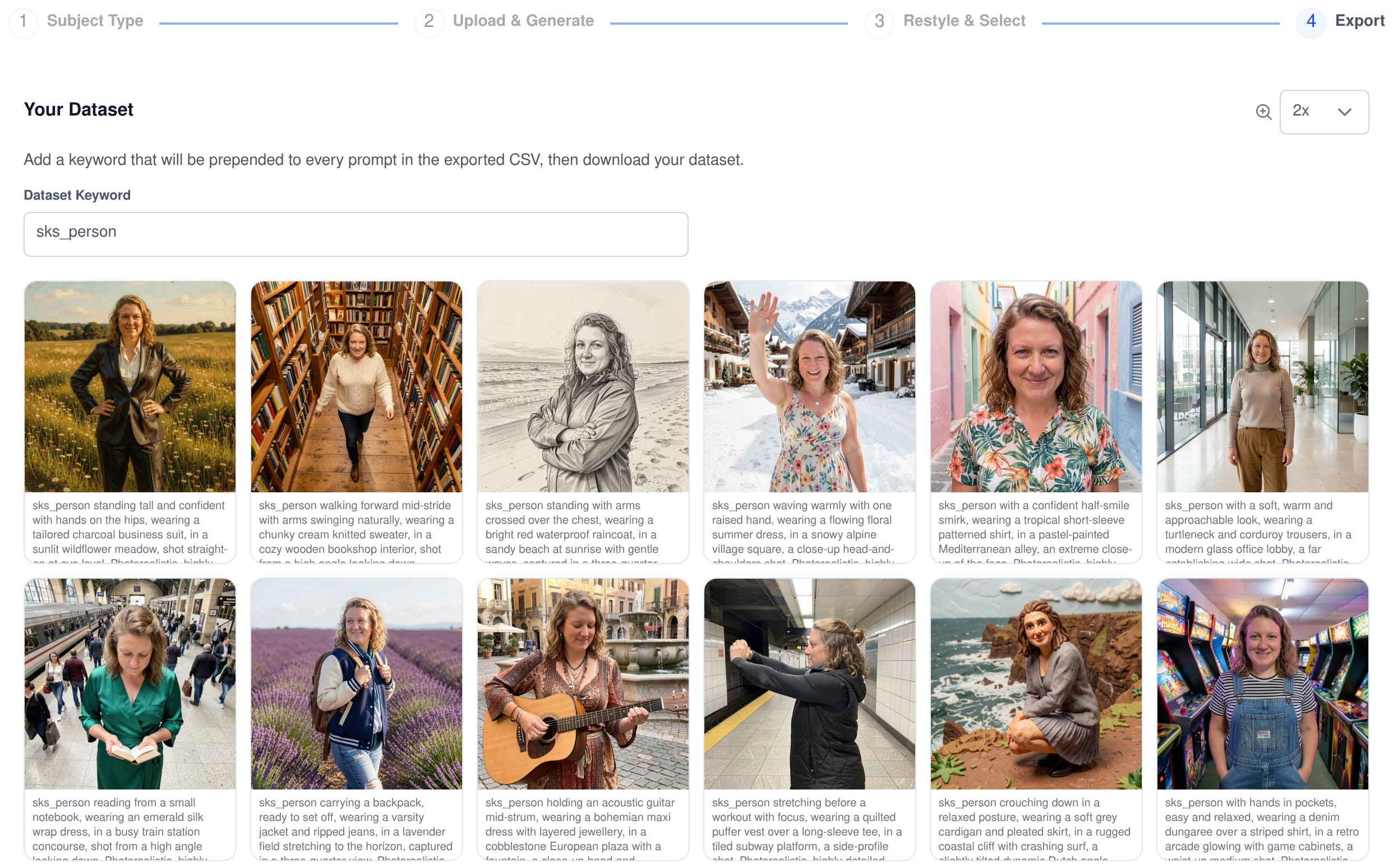The export step of Diffusion Lora in Assistant Cortex with a dataset keyword field and a grid of final images, each captioned with a full sentence describing the pose, clothing, setting and camera angle and prefixed with the keyword