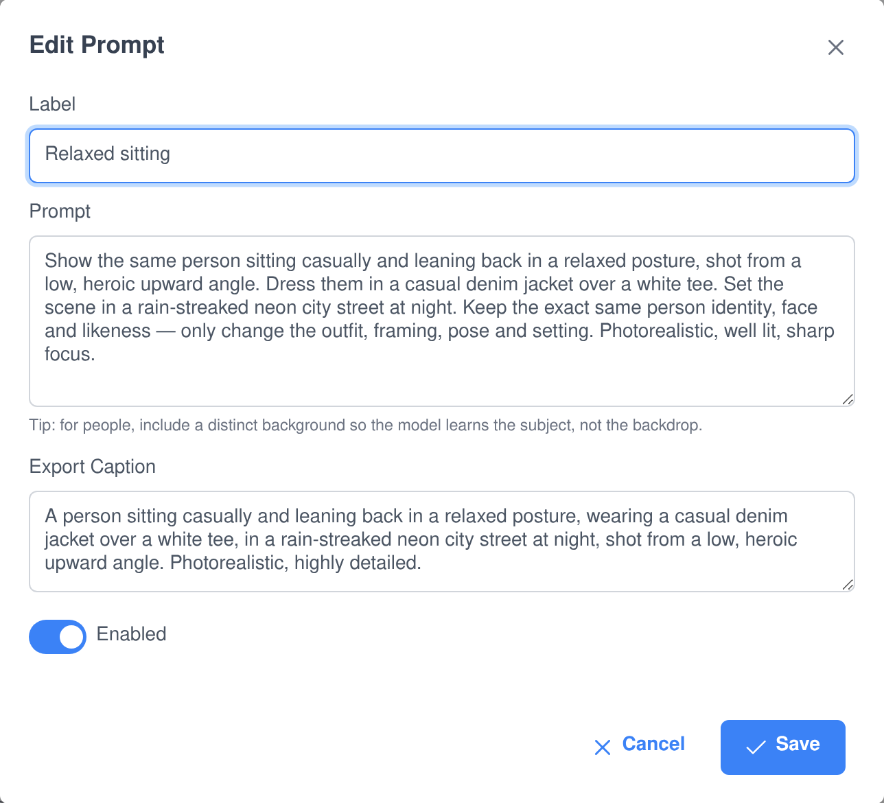 The Edit Prompt dialog in Assistant Cortex showing a prompt label, the full mutation prompt text, an export caption used in the dataset CSV and an enabled toggle
