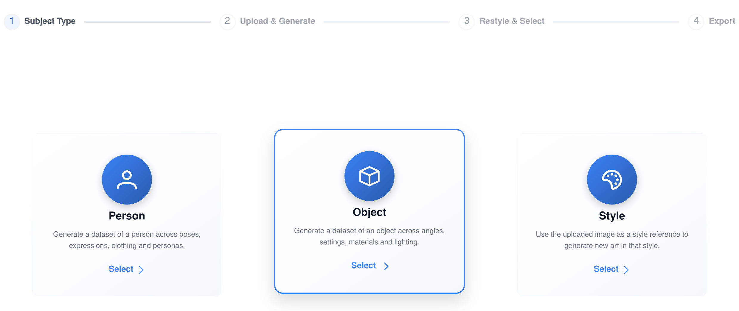 The Diffusion Lora subject type step in Assistant Cortex offering Person, Object and Style, each with its own description, above the four-step Subject Type, Upload and Generate, Restyle and Select, Export progress bar