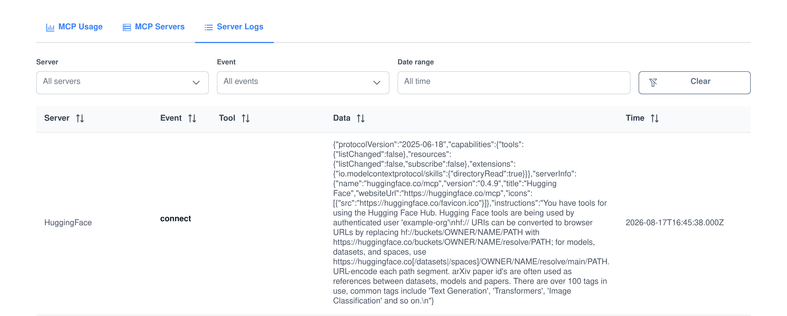 The Server Logs table filtered by server, event and date range, showing a connect event with the full handshake payload from the MCP server