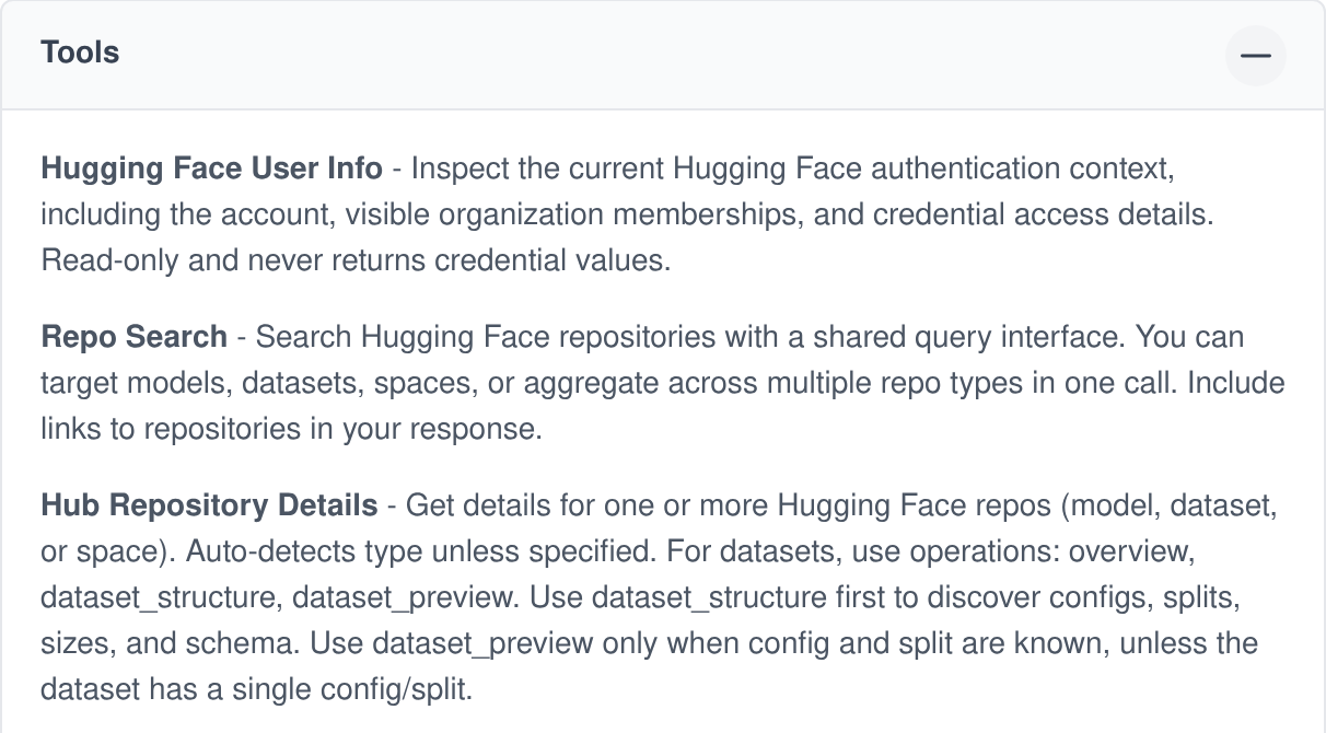 An expanded Tools panel listing discovered MCP tools, each with its title and the description published by the server