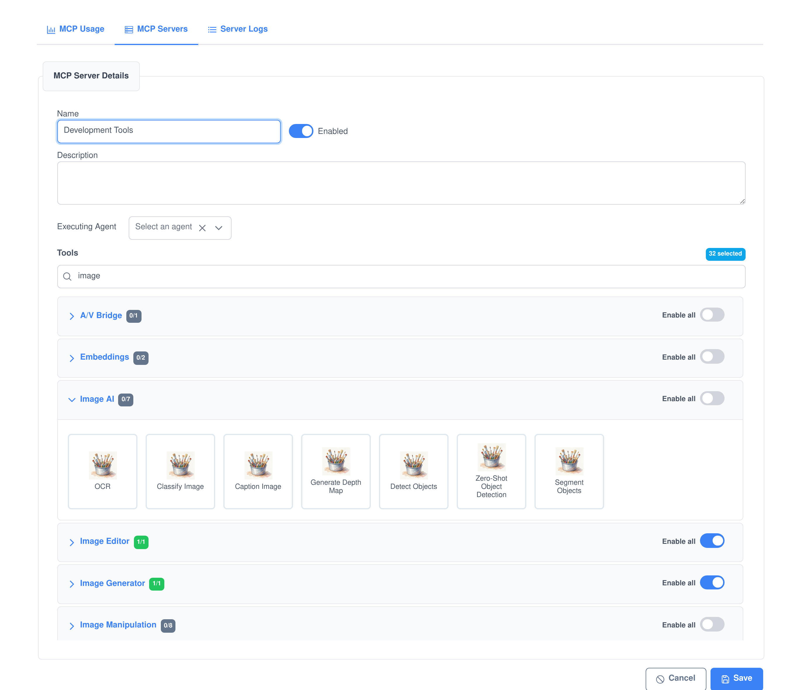 The MCP server edit form with a tool search box and an accordion of ability groups, each with a selected count and an Enable all switch, one group expanded to show seven tool tiles