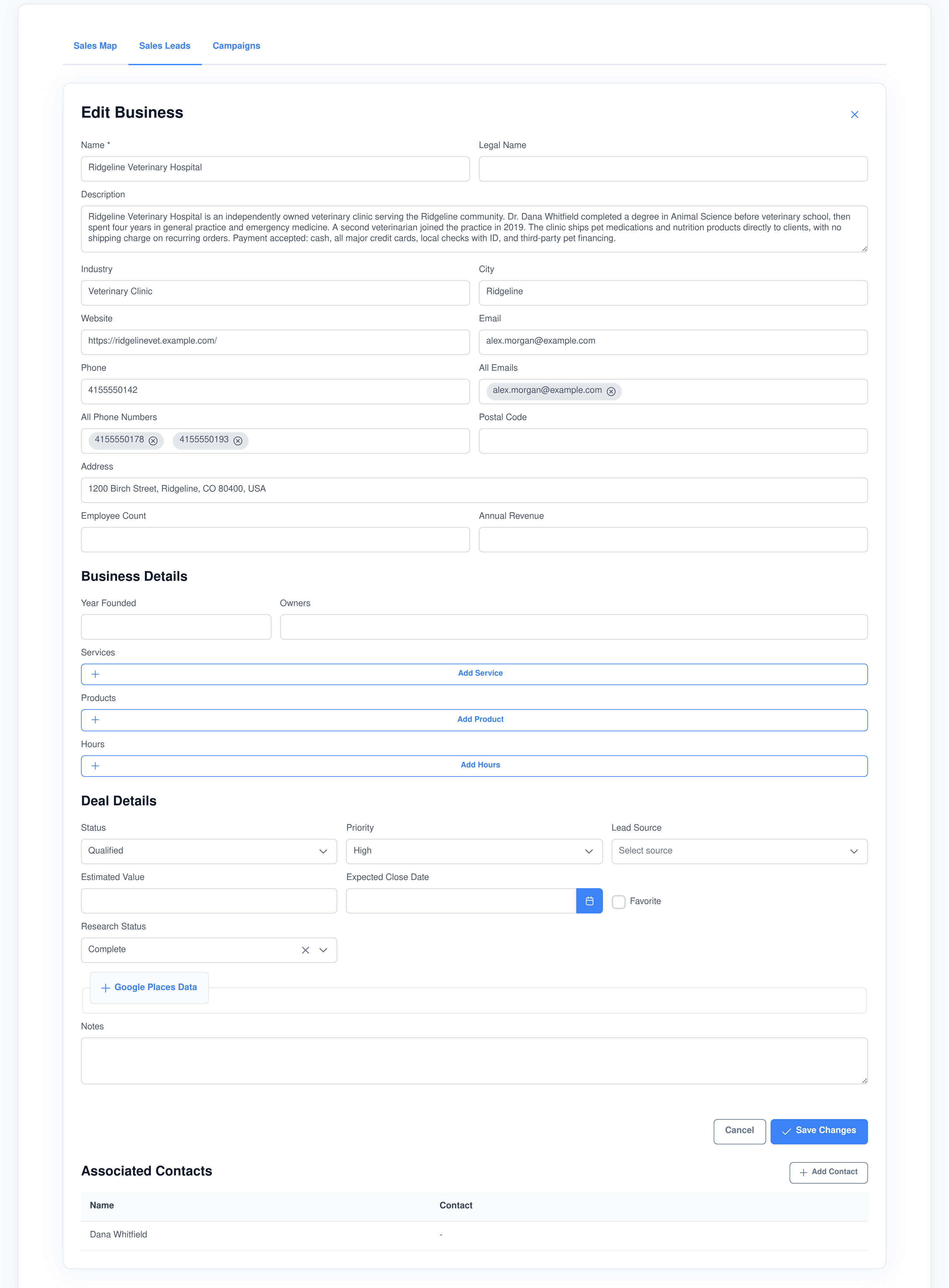A business record in Assistant Cortex showing crawled description and contact details, business details, deal details with stage and priority, and associated contacts