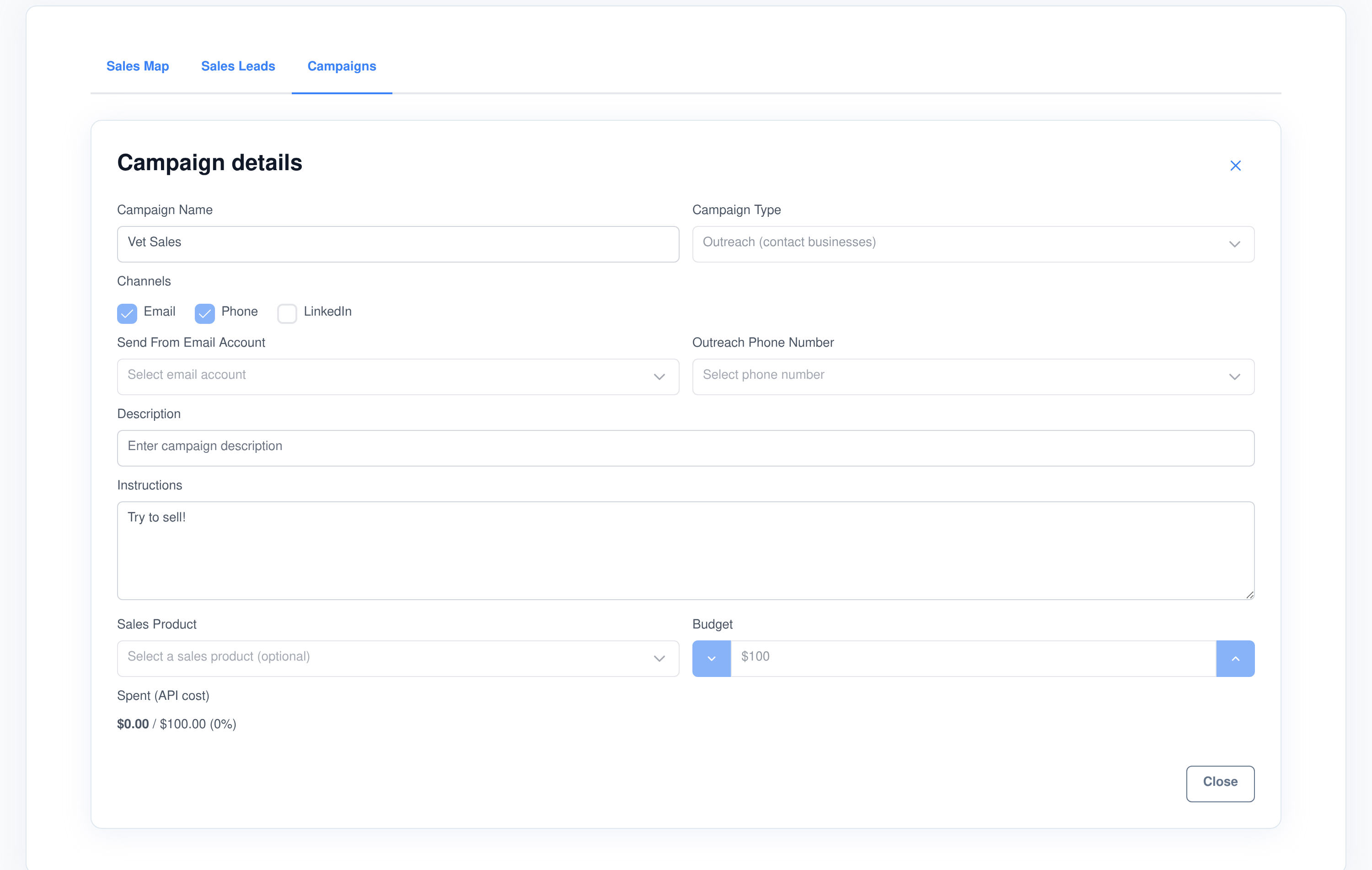 An outreach campaign configuration in Assistant Cortex with campaign type, email, phone and LinkedIn channels, send-from email account, outreach phone number, sales product, budget and spend