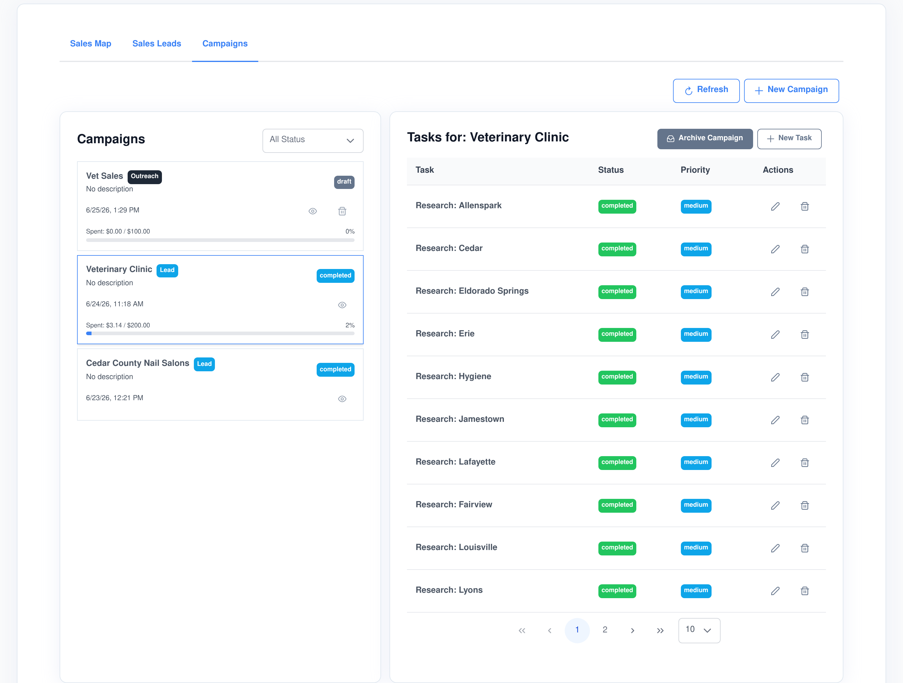 A lead campaign in Assistant Cortex with one research task per city, each showing status and priority, next to the campaign list with spend against budget