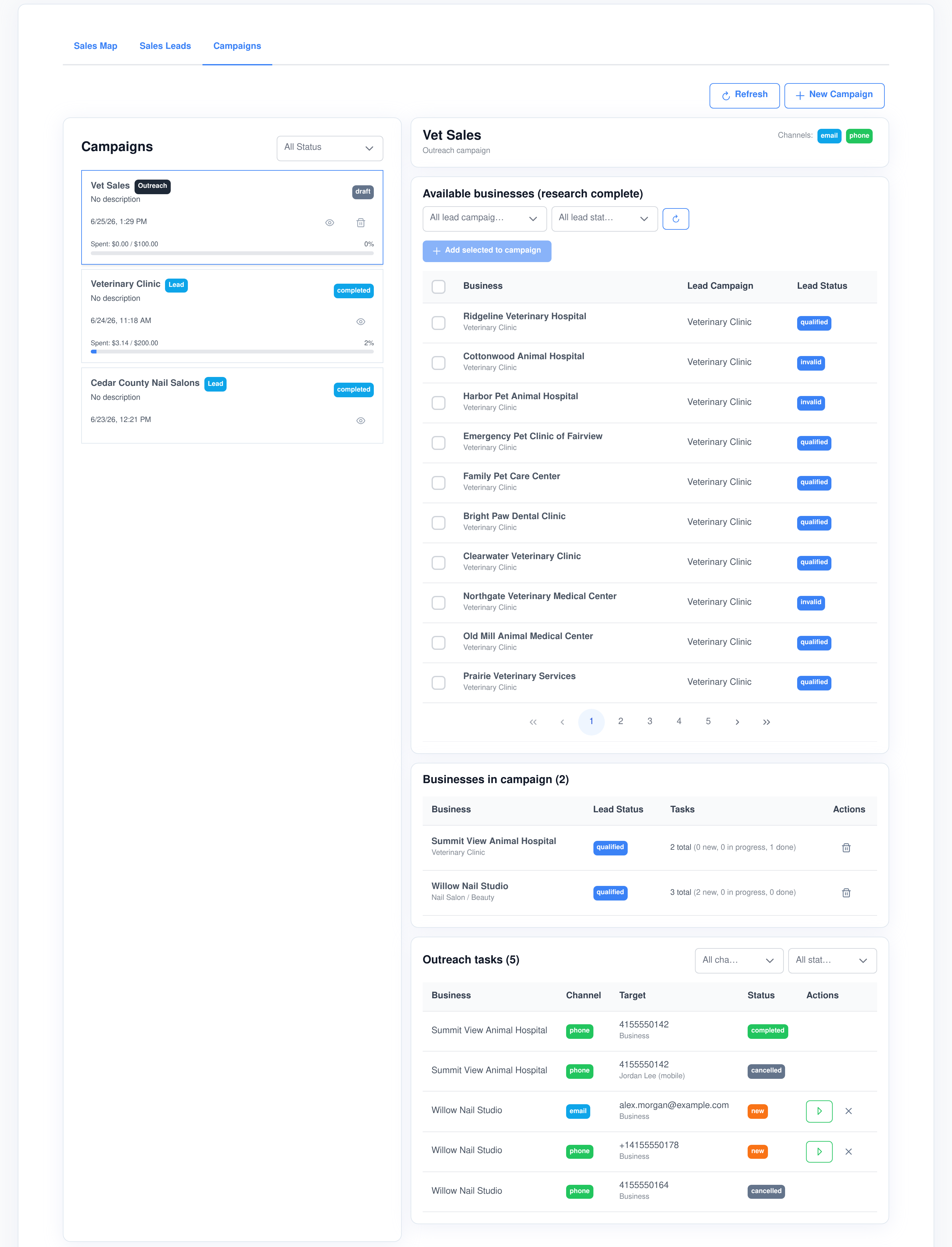 An outreach campaign in Assistant Cortex showing available researched businesses, businesses added to the campaign with task counts, and outreach tasks by channel, target and status