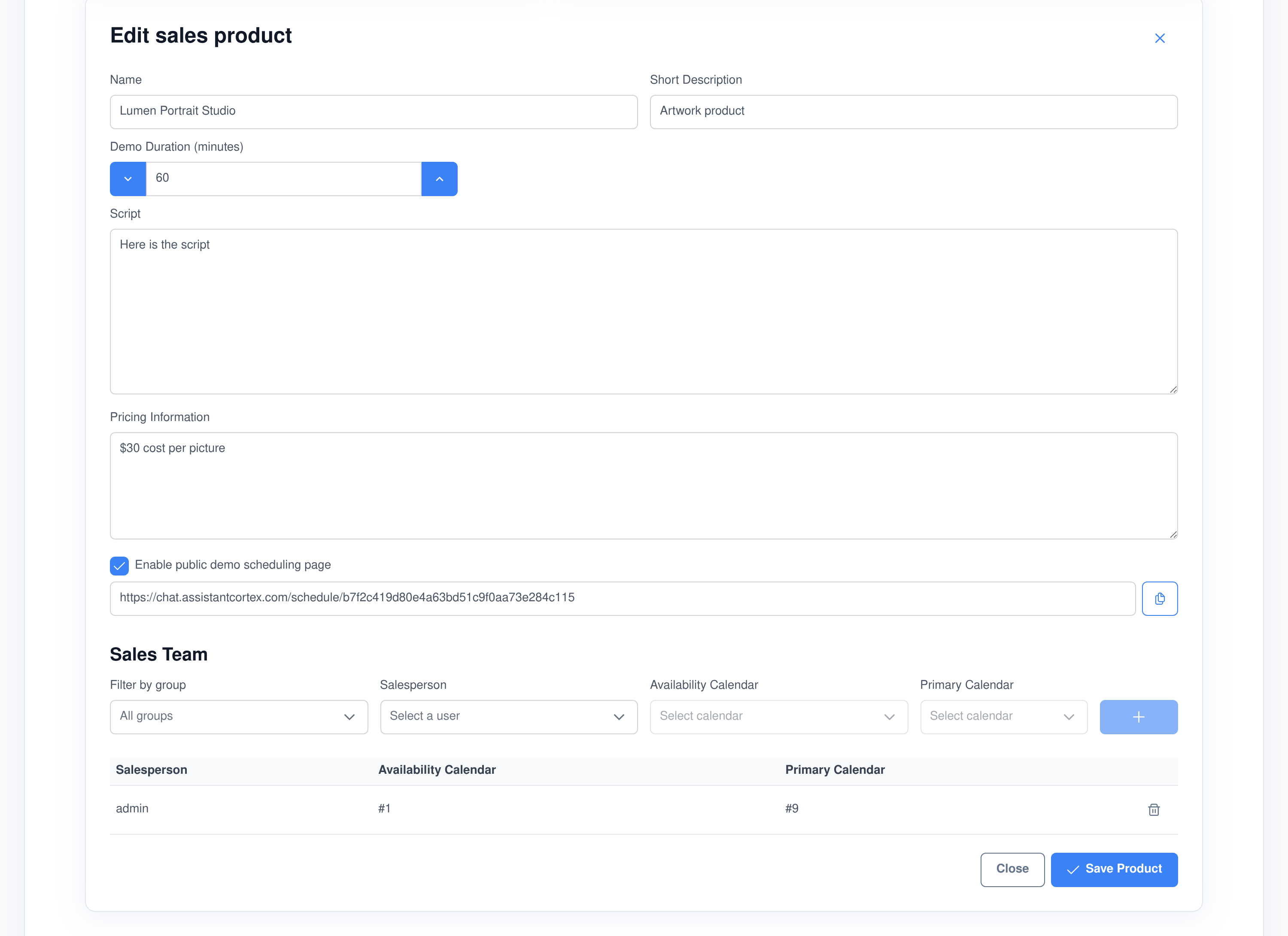 A sales product in Assistant Cortex with its pitch script, pricing, demo duration and scheduling link, above a sales team table mapping each salesperson to an availability calendar and a primary calendar