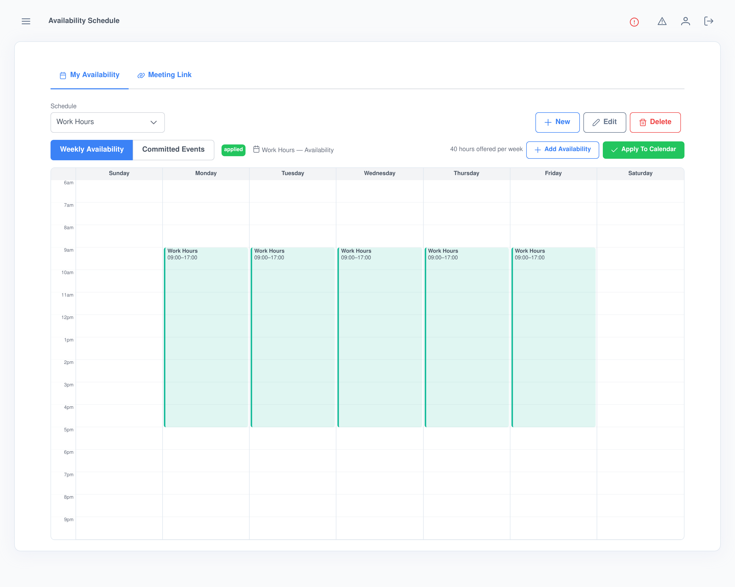 Availability Schedule weekly grid showing Work Hours availability blocks from 9am to 5pm Monday through Friday, with an Apply To Calendar button and a total of 40 hours offered per week