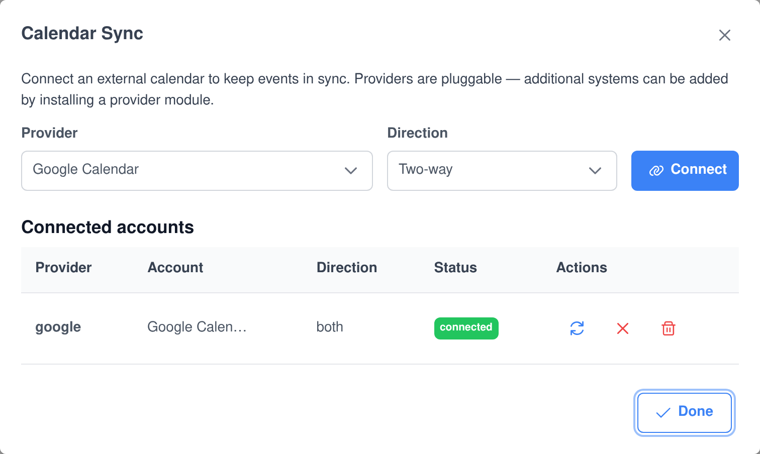 Personal Calendar Calendar Sync dialog with a Google Calendar provider selected, Two-way direction, and a connected Google account showing connected status with sync, disconnect and delete actions