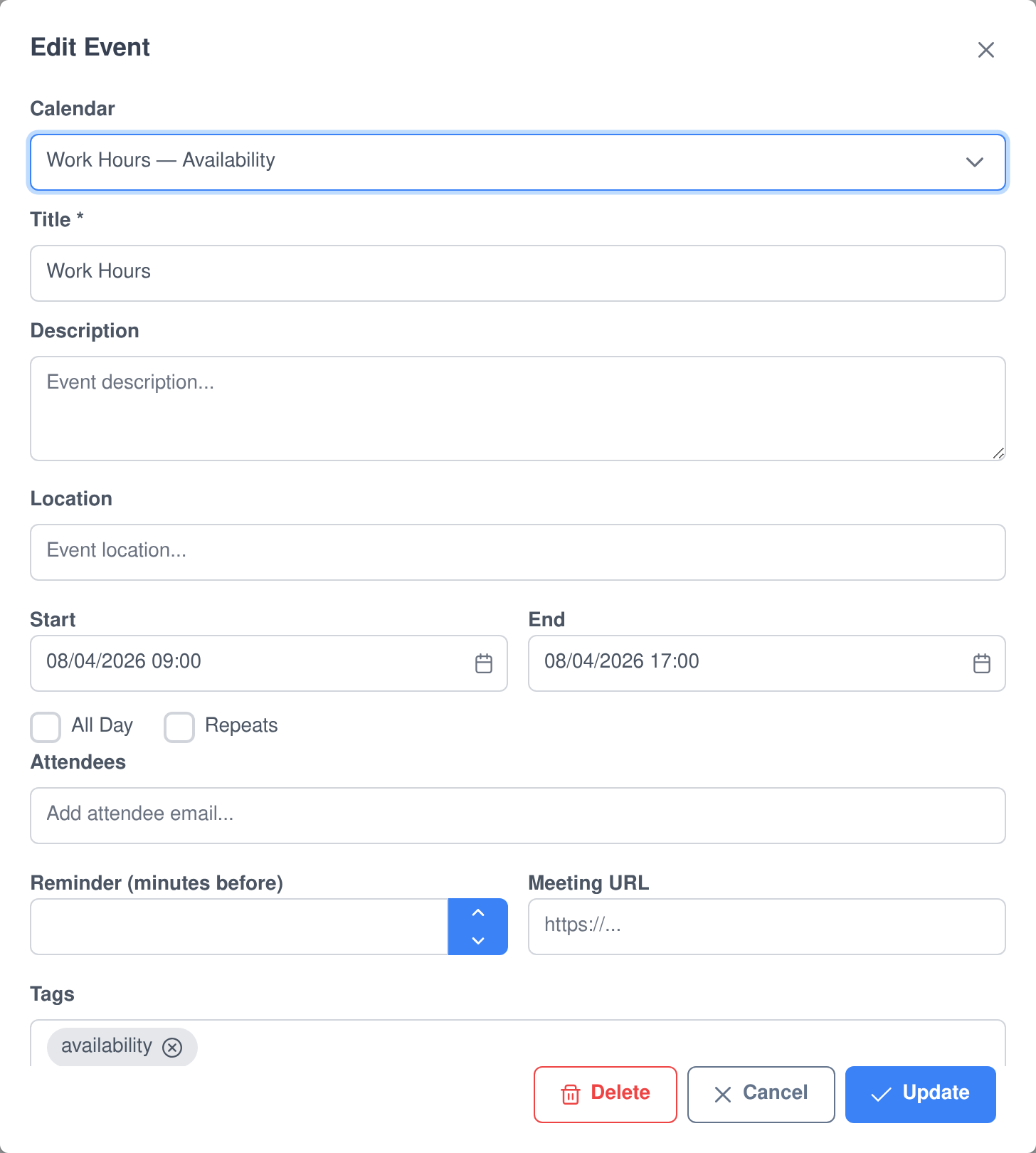 Personal Calendar Edit Event dialog for a committed availability block, showing the calendar it belongs to, title, start and end time, attendees, reminder, meeting URL and tags fields