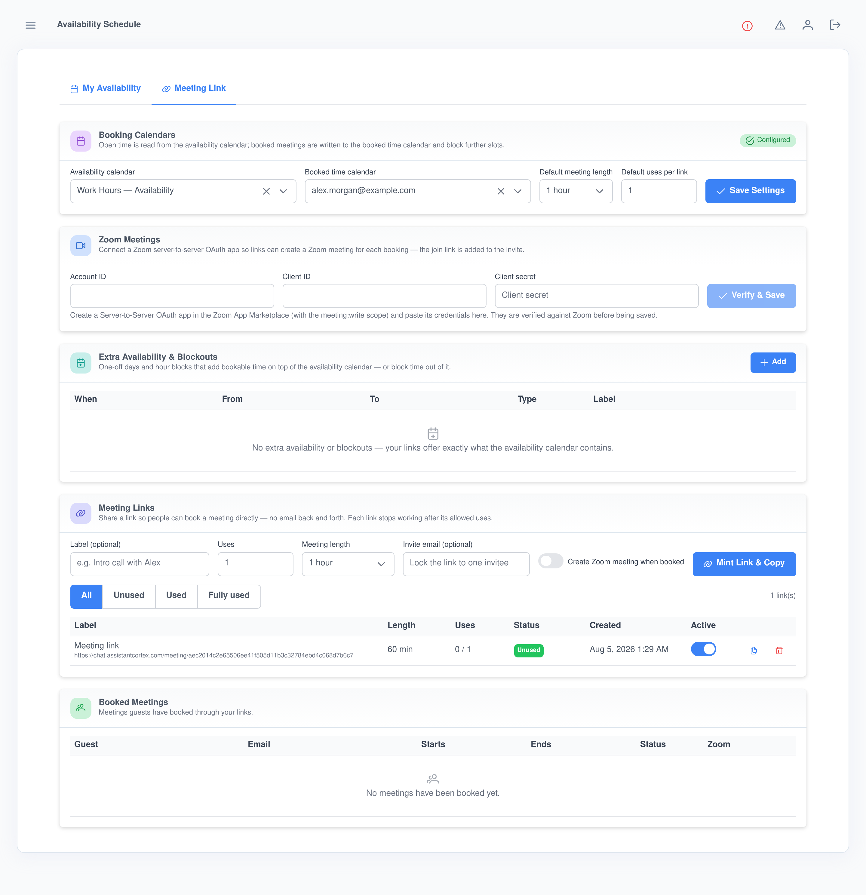 Availability Schedule Meeting Link tab showing booking calendar configuration, Zoom server-to-server OAuth setup, extra availability and blockouts, a minted meeting link with its usage count, and a booked meetings table