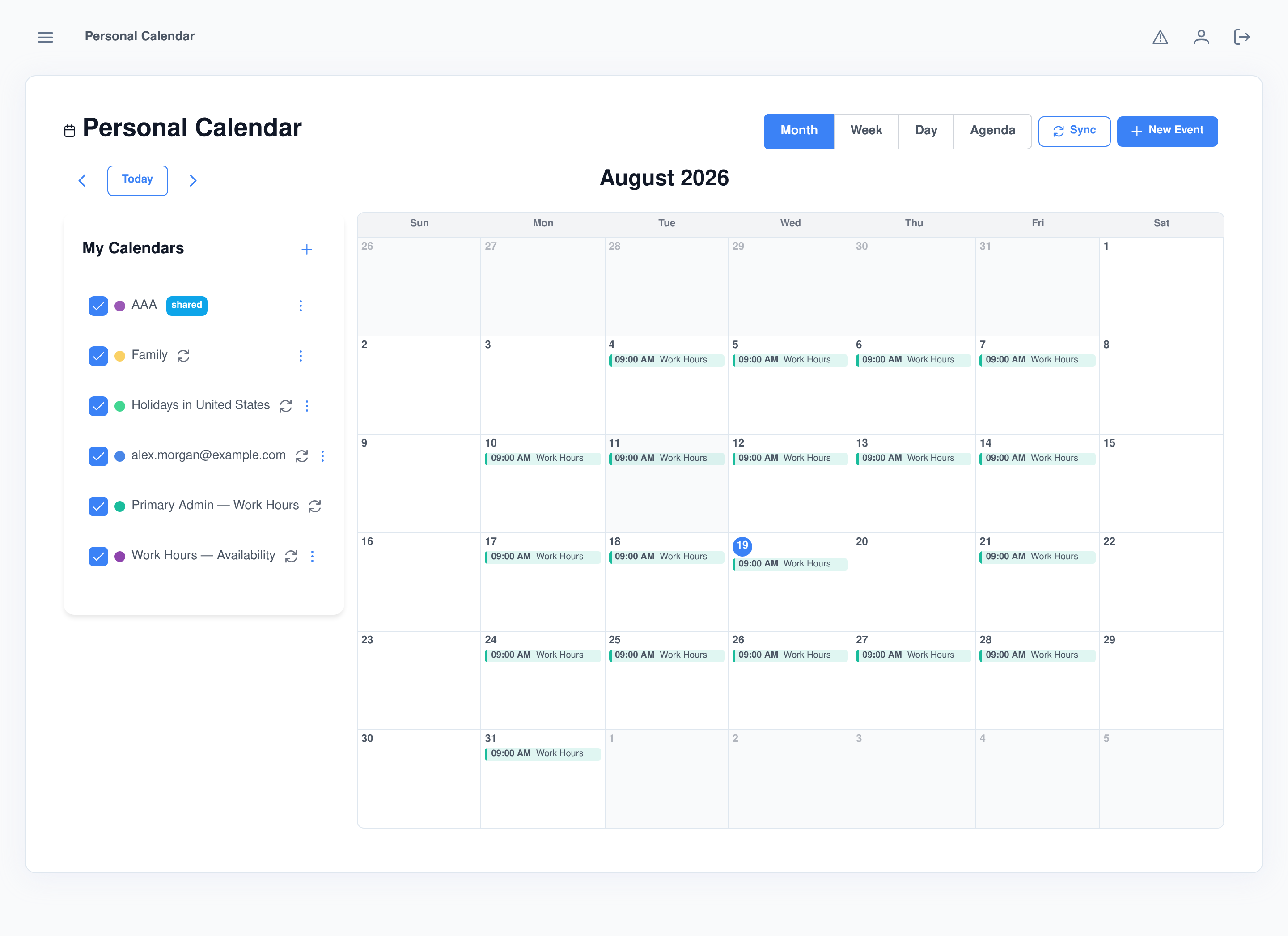 Personal Calendar month view with a My Calendars sidebar listing several color-coded calendars including a shared one and synced ones, and a month grid showing recurring Work Hours events
