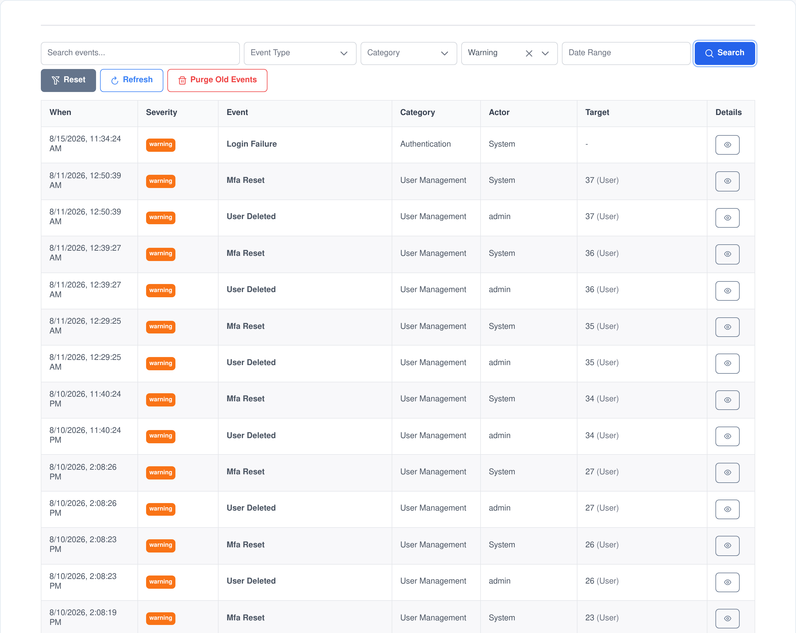 The Audit Log events screen filtered to warning severity, showing login failure, MFA reset and user deleted events with their category, actor and target