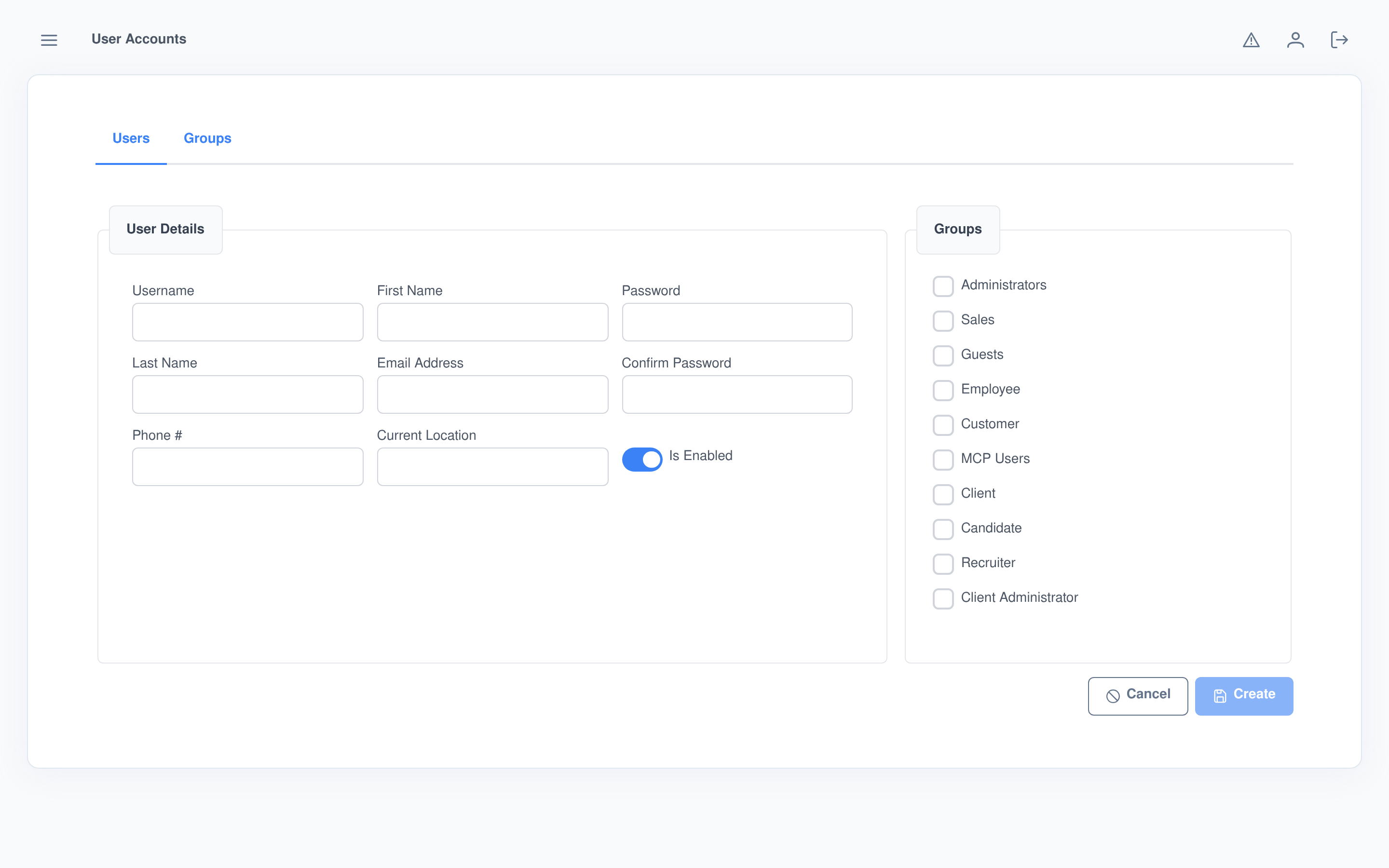 Add or edit a user: contact details on the left, the group checklist on the right