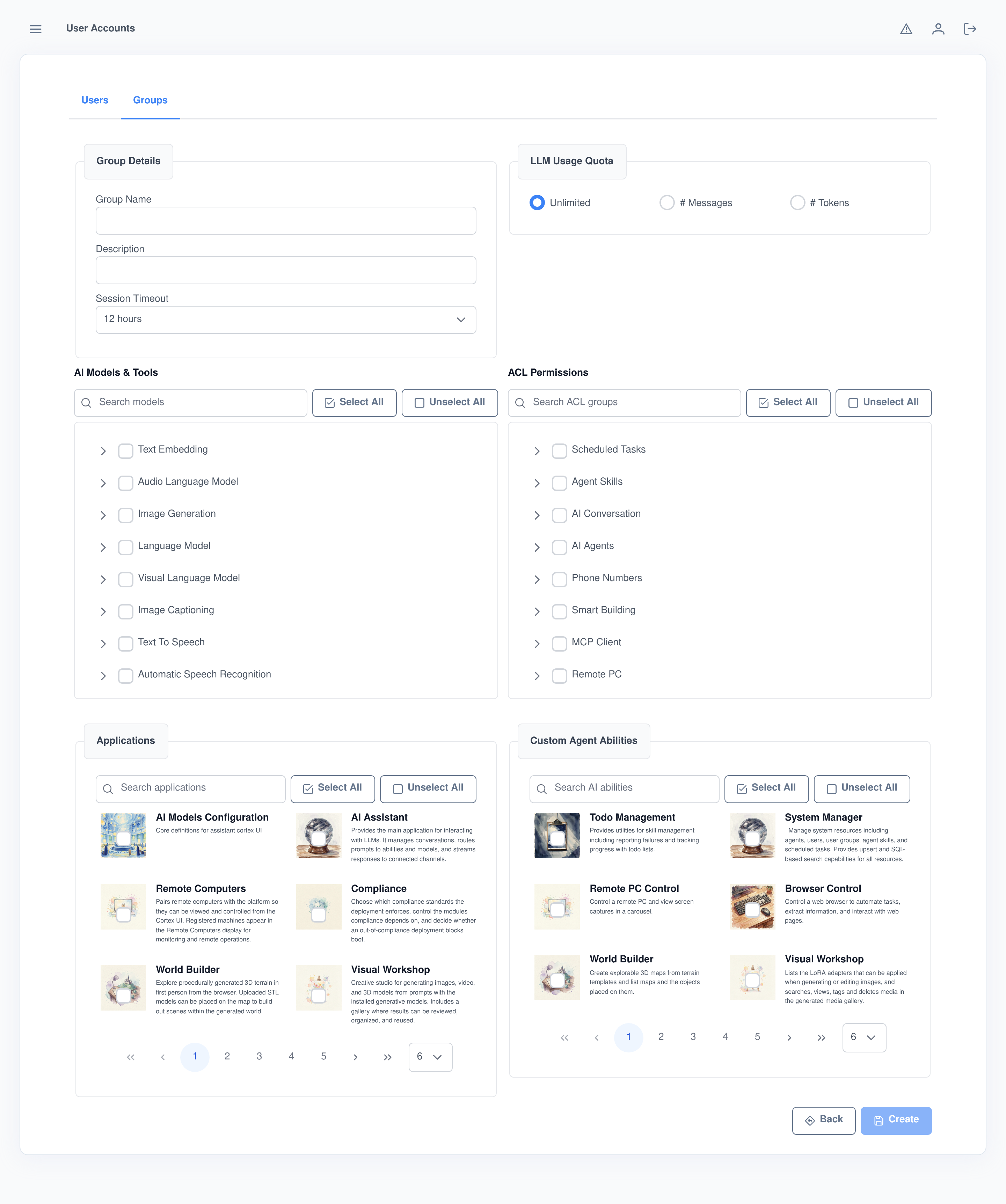 The group editor: session timeout and usage quota on top, models and ACL permissions as searchable trees, applications and agent abilities as searchable icon grids below