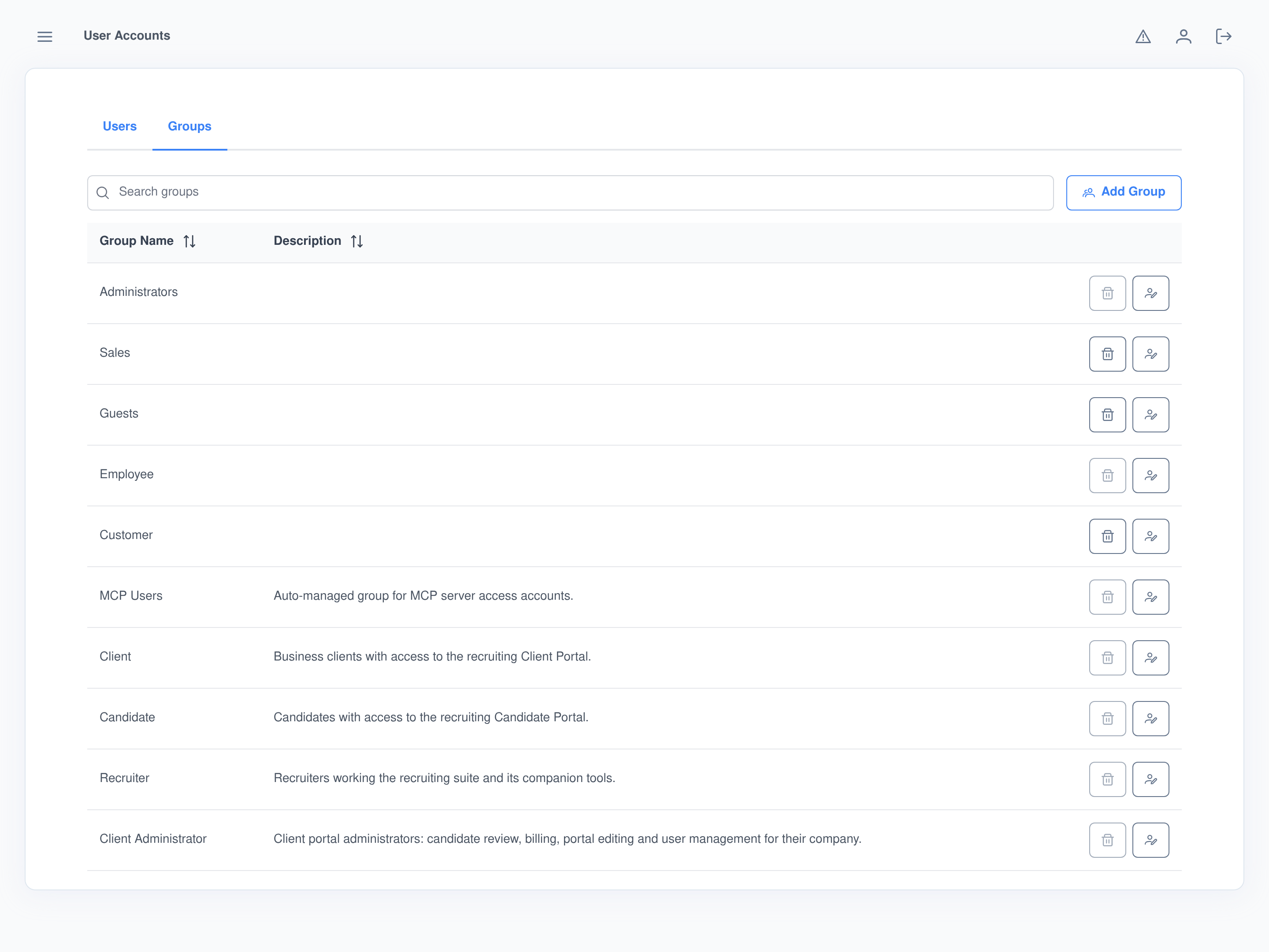The Groups tab, listing both admin-created groups and groups other installed modules register automatically