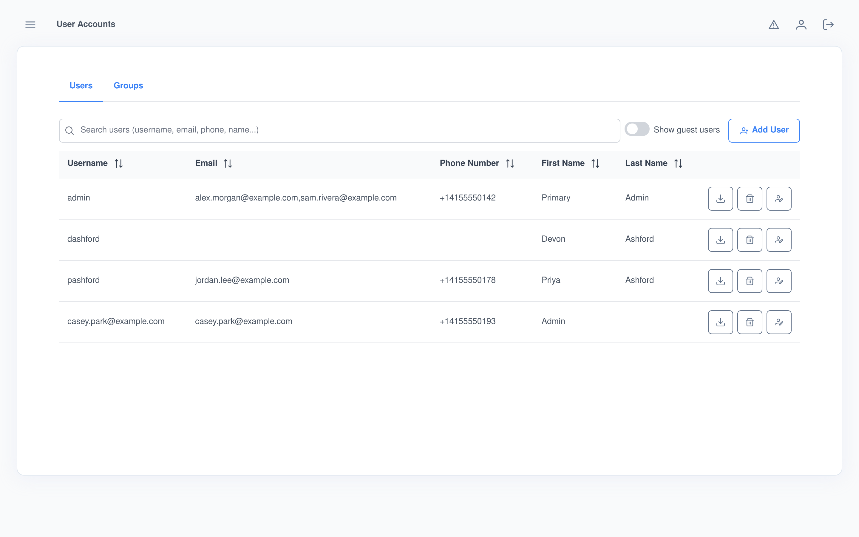 The user list with search, the guest-account toggle, and export / delete / reset-password actions on every row